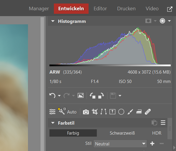 Kontrastarme Bearbeitung, histogramm