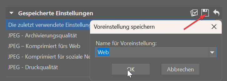 Export, einstellungen speichern
