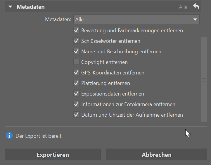 Export, metadaten