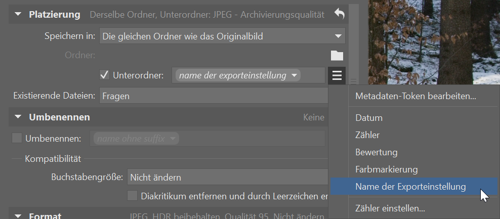 Export, speicherort