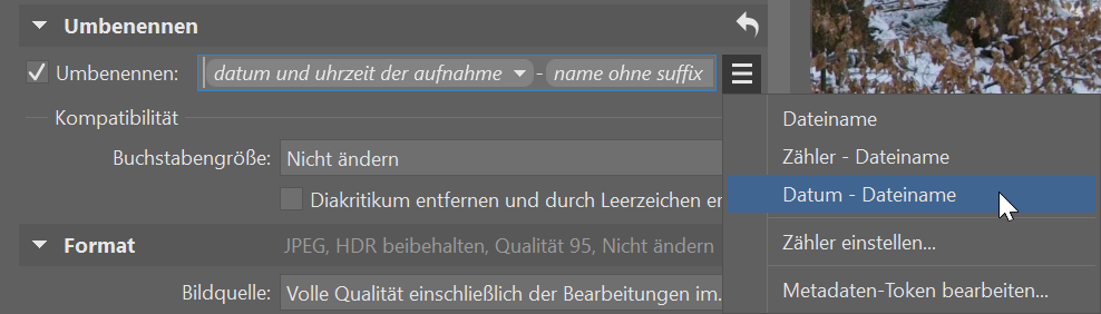 Export, umbenennen